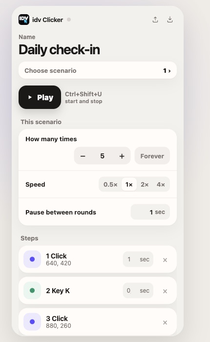 idv Clicker window with Play, speed, a repeat count, a click step and a key step